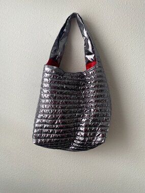 Tahari Tote hobo Bag Metallic Silver quilted Shoulder Bag